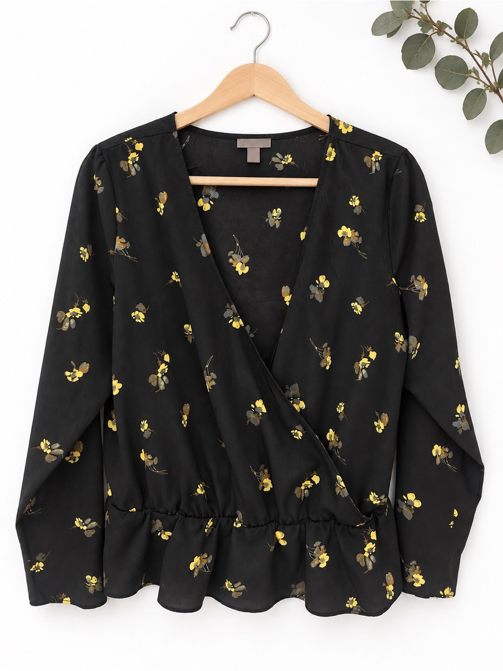 Chelsea28 Black Wrap Blouse with Yellow Floral Print